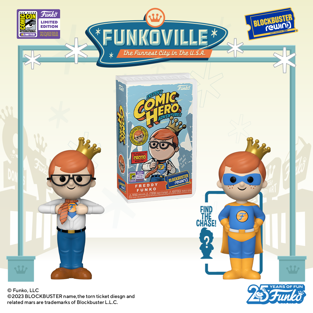 Freddy Funko by day Comic Hero by night, it's the 2023 SDCC-exclusive Blockbuster x Funko REWIND collectible of Freddy Funko. There's a 1 in 6 chance of finding the hero chase variant.
